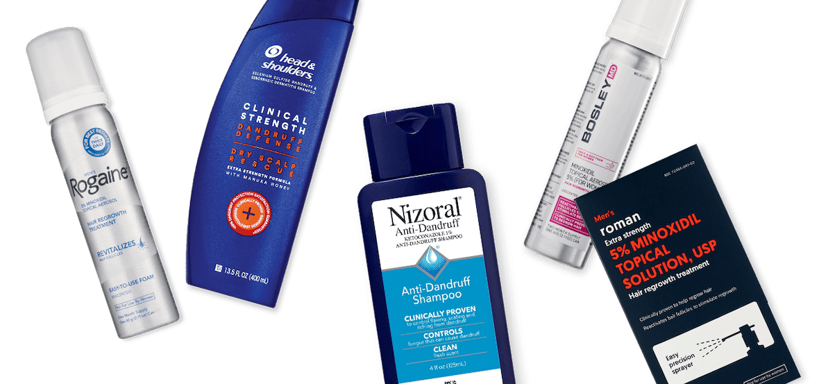 Rogaine, Head & Shoulders, Nizoral, Bosley MD and Roman scalp care products.