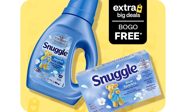 Extra Big Deals. Buy 1, get 1 free. Snuggle detergent and laundry sheets