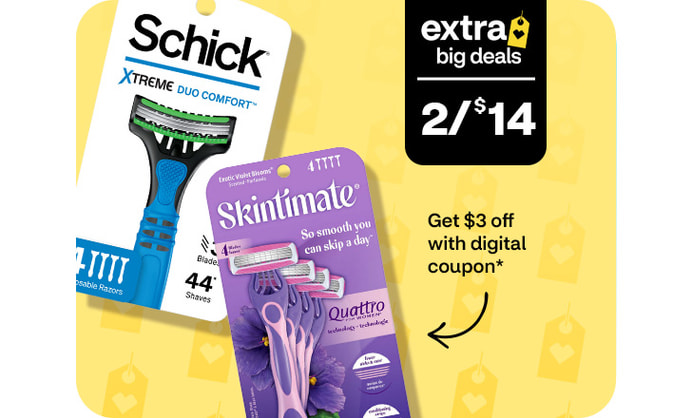 Extra Big Deals, two for $14. Pague $3 menos con un cupón digital. Schick and Skintimate disposable razors