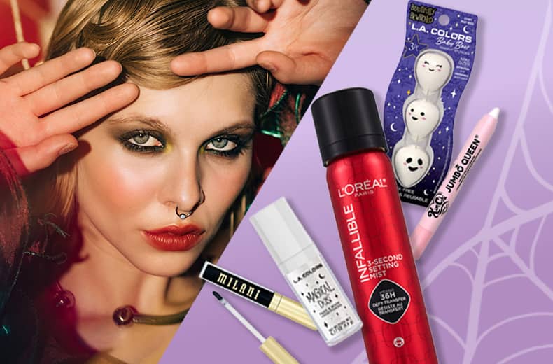 Milani eyeliner, L.A.Colors Magical Dust and sponges, L'Oréal setting mist, KimChi eye crayon and a person in dramatic makeup