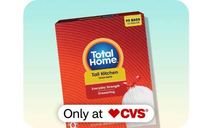 A box of Total Home tall kitchen trash bags, only at CVS