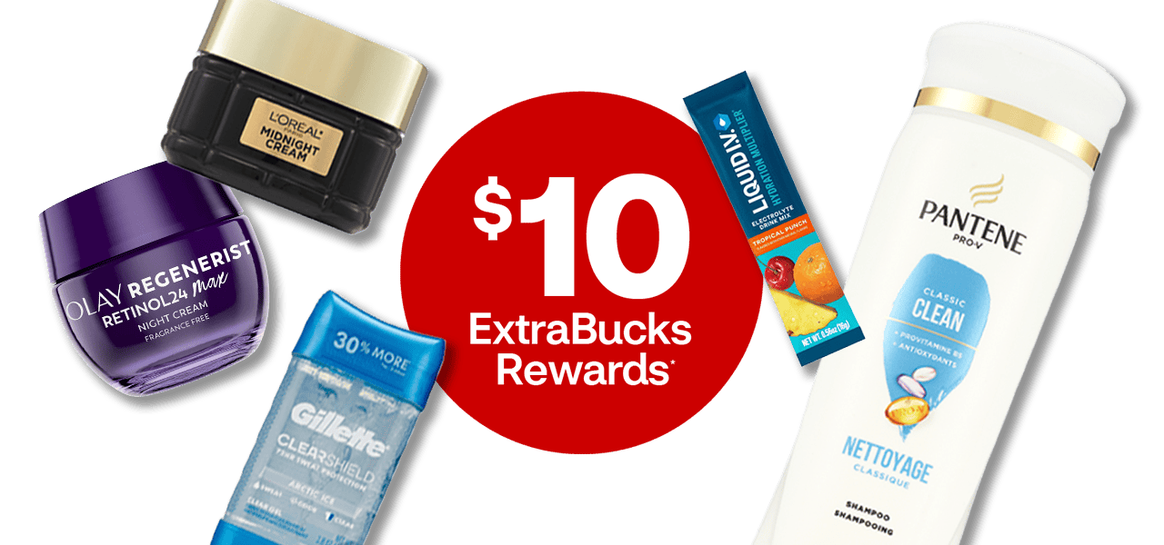 $10 en recompensas ExtraBucks Rewards. Pantene Nettoyage Classique shampoo, Liquid I.V., Olay Regenerist Retinol night cream, Gillette deodorant and L’Oréal Paris Midnight Cream against a yellow sunshine background
