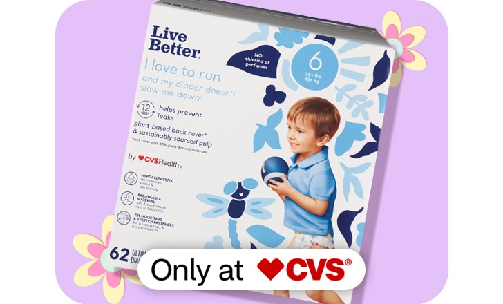 Only at CVS. CVS Health Live Better diapers against a purple background with pastel-colored flowers