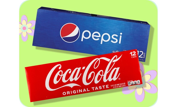 Pepsi and Coca-Cola cans against a green background with pastel-colored flowers