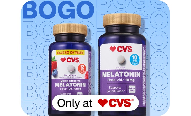 Only at CVS, buy 1, get 1 50% off, 12 mg and 10 mg CVS Melatonin Sleep-Aid