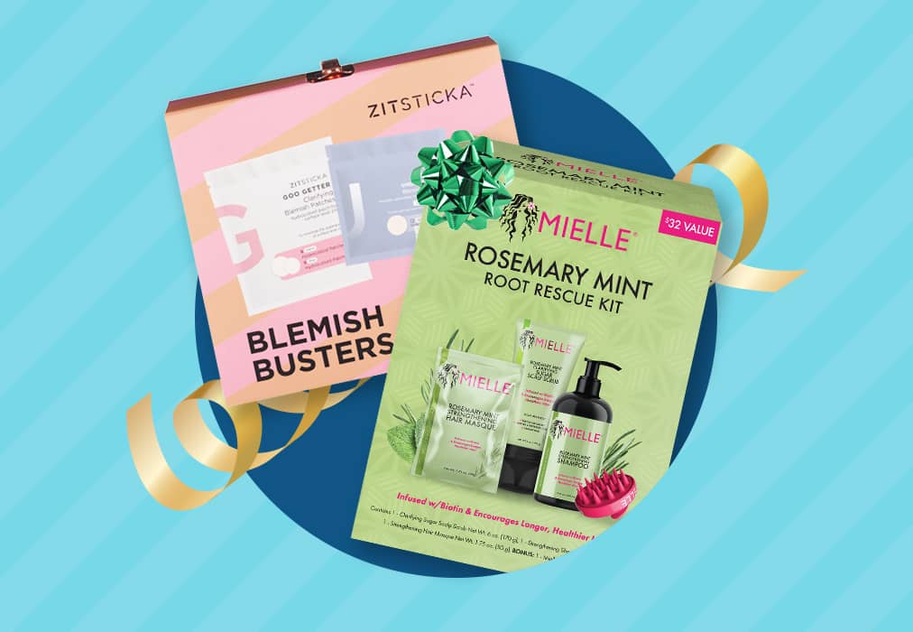 Packages of Mielle Rosemary Mint root rescue kit and Zitsticka Blemish Busters gift set.