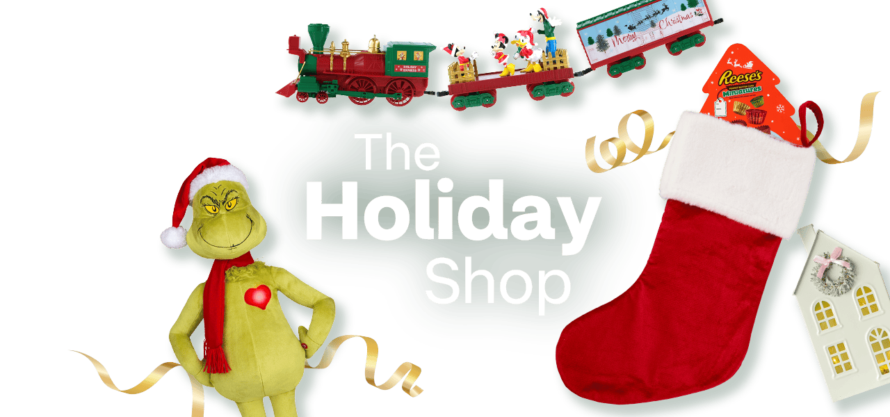 The Holiday Shop, Holiday Barbie, Grinch plush, Disney train set, stocking with Reese's candy