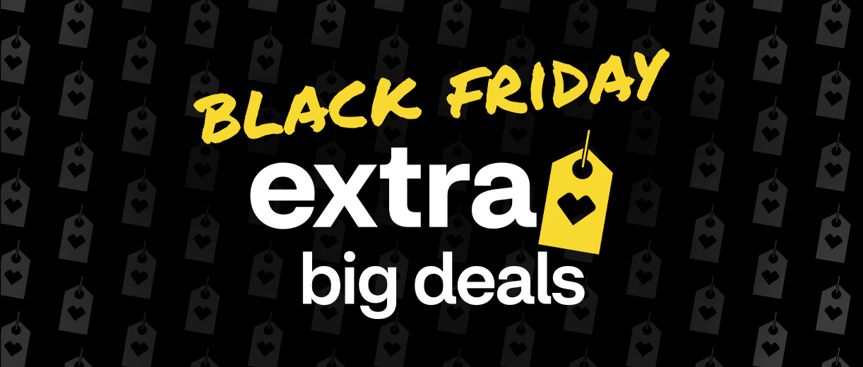 Graphic with yellow and white text reading "Black Friday, Extra Big Deals" on a dark patterned background.