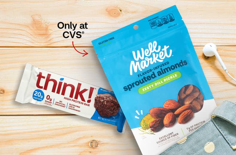 Think! high protein bar and Well Market sprouted almonds, only at CVS
