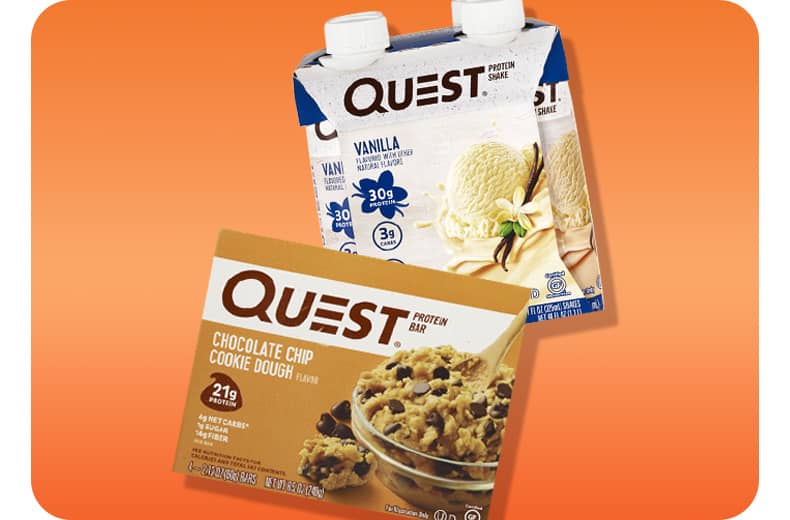 Quest four-packs of nutrition bars and shakes.