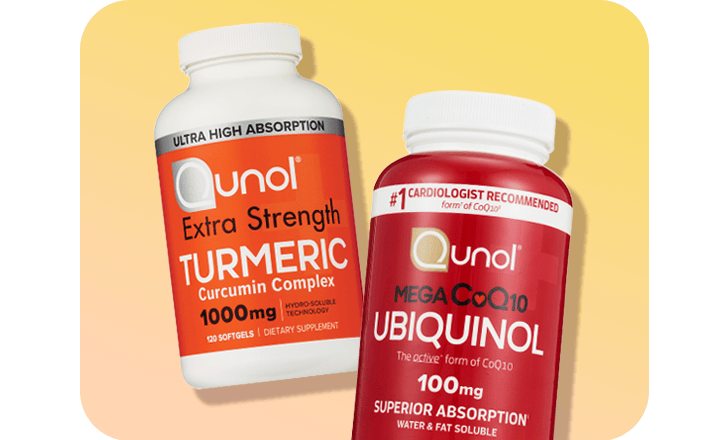 A bottle each of Qunol Turmeric and Ubiquinol supplements.