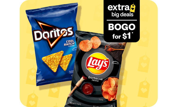 Extra Big Deals, buy 1, get 1 for $1. Doritos Cool Ranch and Lay's Barbecue-flavored chips