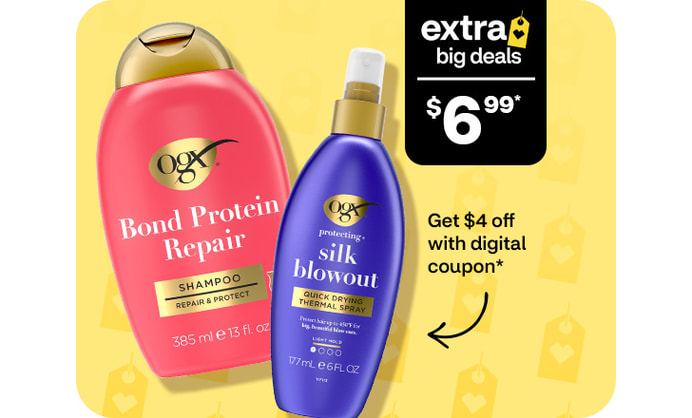 Extra Big Deals, $6.99. Get $4 off with digital coupon. OGX Bond Protein Repair shampoo and Silk Blowout quick drying thermal spray