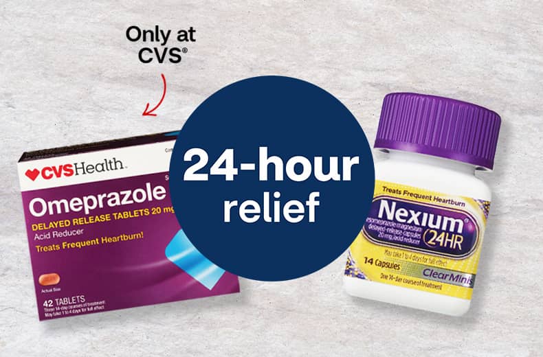24-hour relief, CVS Health Omeprazole, only at CVS, and Nexium 24-HR capsules
