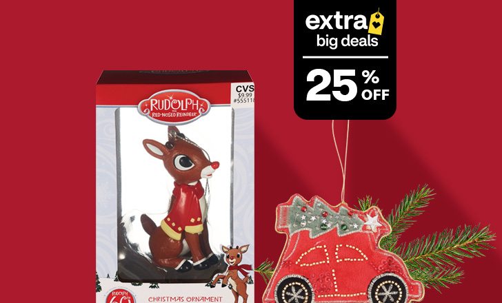 25 percent off ornaments including Rudolph and VW Beetle