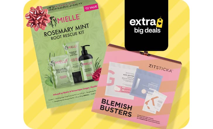 Packages of Mielle Rosemary Mint root rescue kit and Zitsticka Blemish Busters gift set.