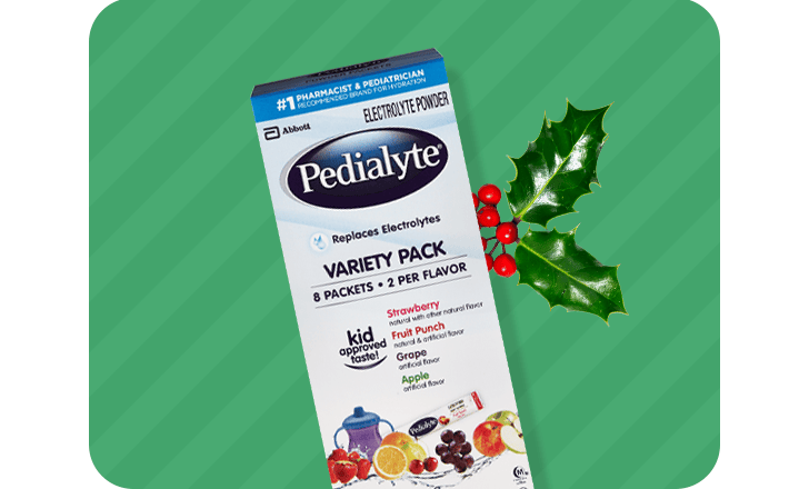 A box of Pedialyte Variety Pack electrolyte powder