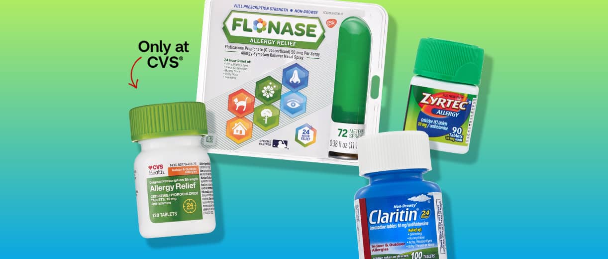 CVS Health Allergy Relief tablets, only at CVS, Flonase, Zyrtec an Claritin allergy relief products