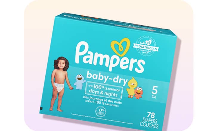 A box of Pampers baby-dry diapers