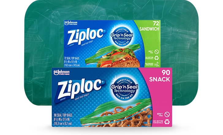 Ziploc Grab 'n Seal snack and sandwich bags against a green chalkboard background