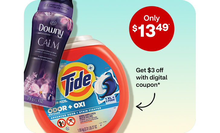 Only $13.49. Get $3 off with digital coupon. Tide detergent and Downy Infusions Calm beads