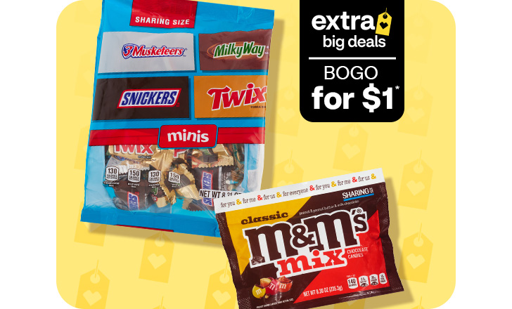 Extra Big Deals, buy 1, get 1 for $1. Sharing sizes of candy bar variety bag and classic M&M’s mix