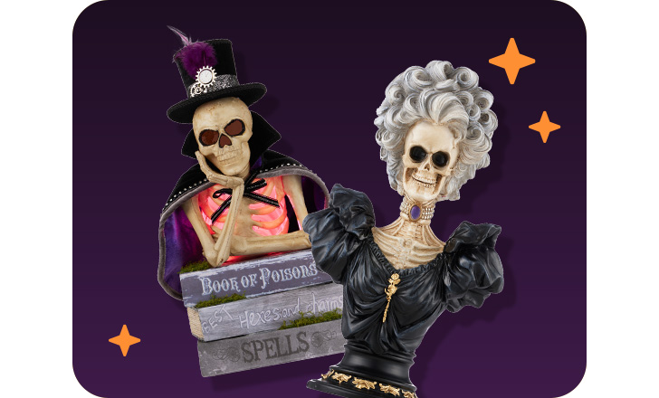 Joyward Halloween décor, including festive skeletons, against a dark background with orange stars