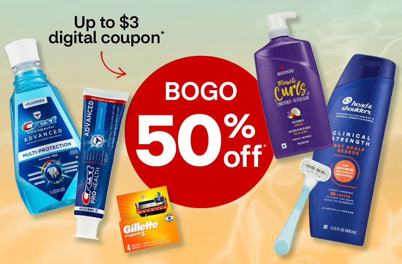 Up to $3 digital coupon, buy one, get one 50 percent off whole body care products, including Crest mouthwash and toothpaste, Gillette razor blades, Aussie Miracle Curls and Head & Shoulders shampoo.