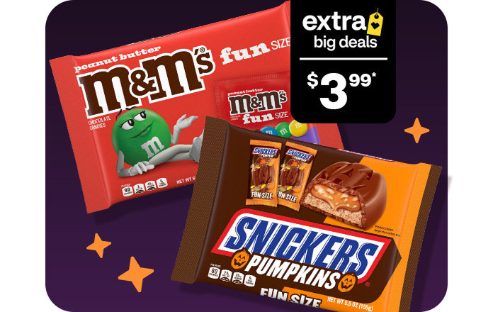 Extra Big Deals, $3.99. Peanut Butter M&M’s and Pumpkin Snickers candy.