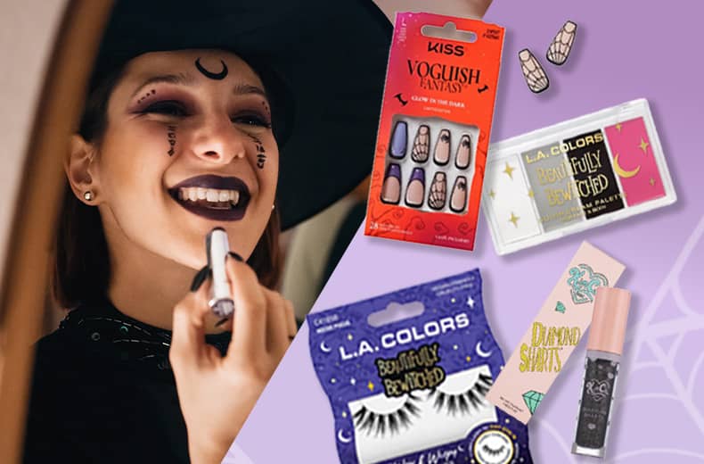Kiss press-on nails, L.A. Colors eyeshadow and eyelashes, KimChi sparkle cream shadow, a person dressed as a witch putting on lipstick