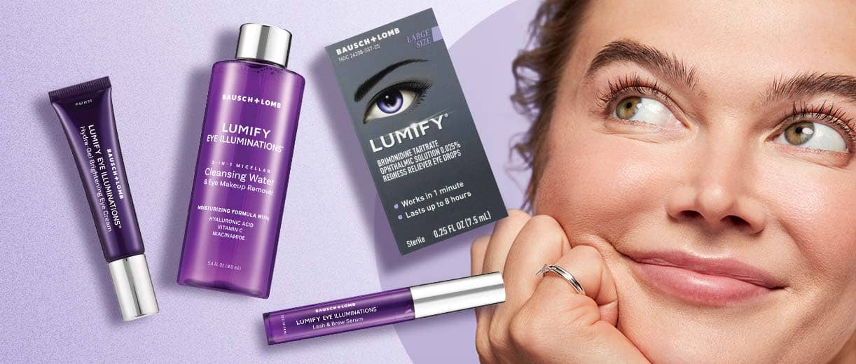 Lumify eye care products including eye cream, eye makeup remover, lash & brow serum and redness reliever eye drops
