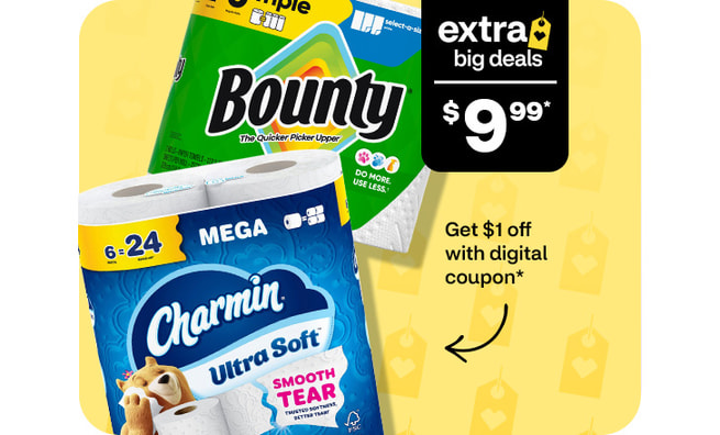 Extra Big Deals, $9.99. Pague $1 menos con un cupón digital. Bounty paper towels and Charmin Ultra Soft toilet paper