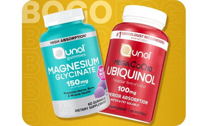 Buy 1, get 1 free. Magnesium Glycinate Qunol gummies and Qunol Mega CoQ10 Ubiquinol.