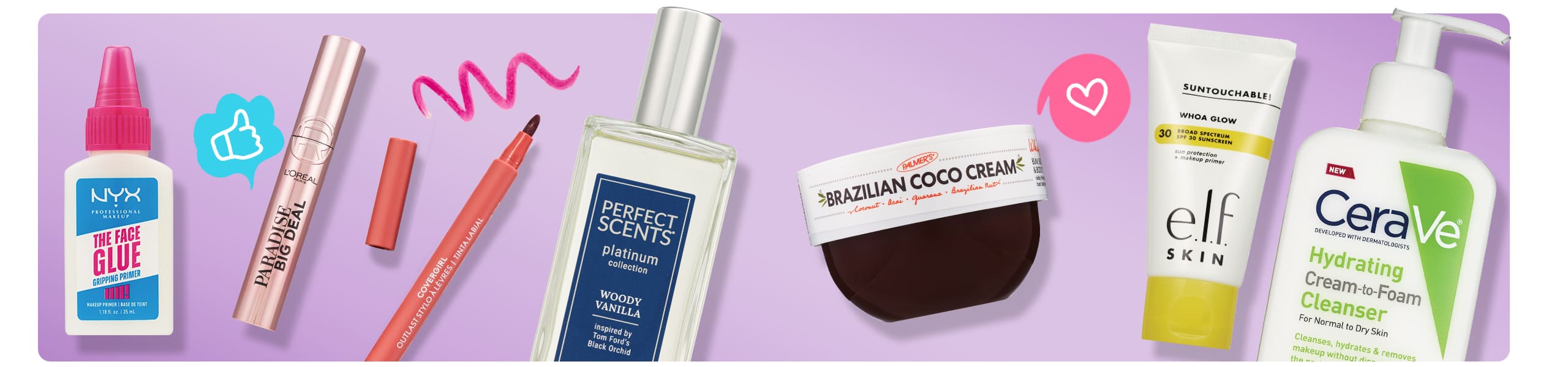 Various beauty products from L’Oréal, elf, NYX, Palmer's and more.