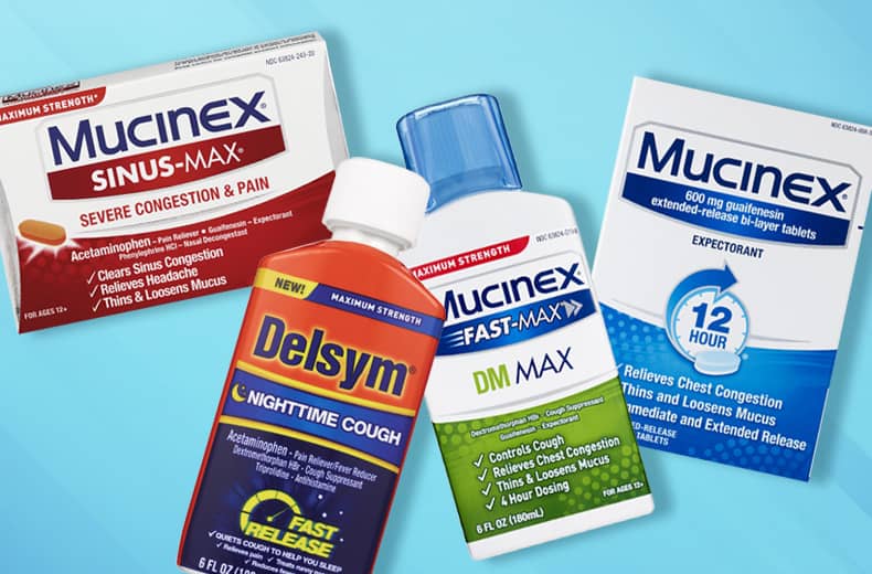 Mucinex Sinus-Max, 12 Hour expectorant and DM Max and Delsym Nighttime Cough cold and flu support products.