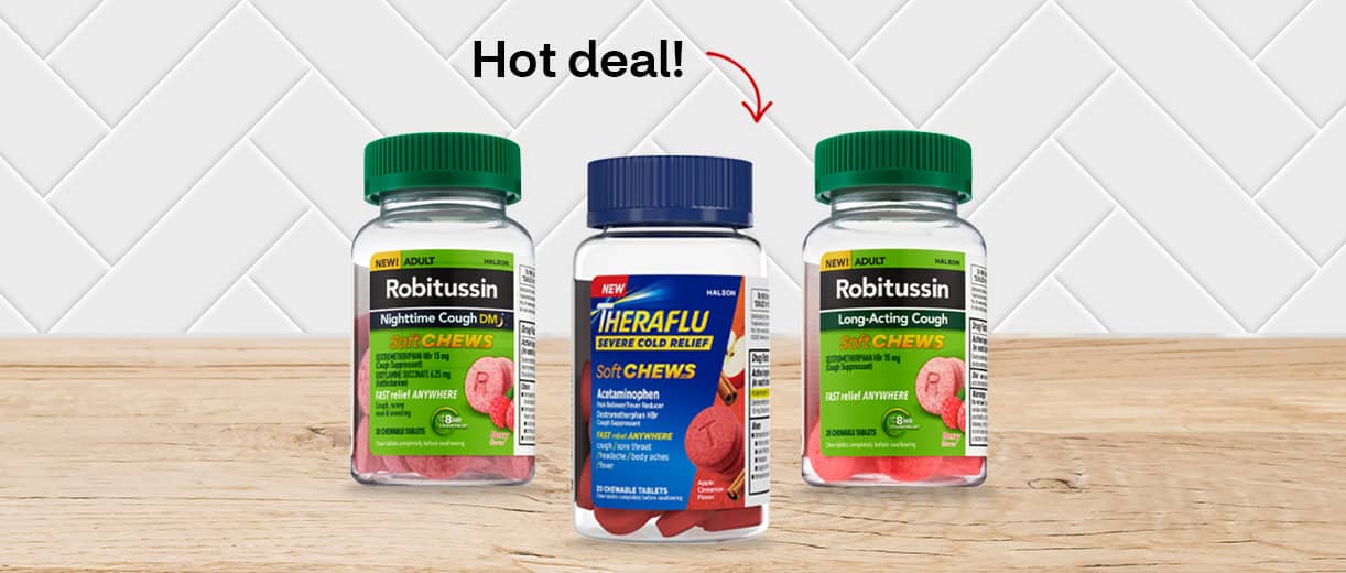 Hot deal! Robitussin and Theraflu cold and flu remedy soft chews.