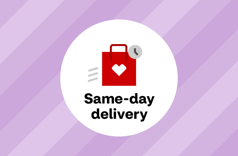 Same-day delivery, a pictogram of a CVS shopping bag and a clock