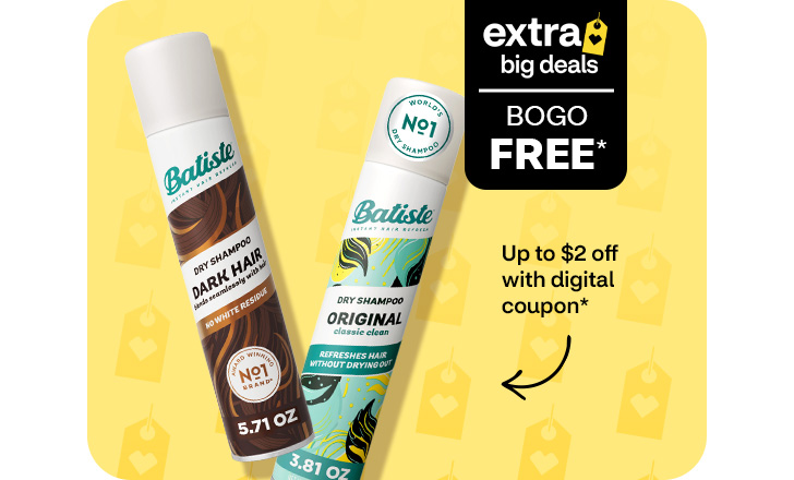 Extra Big Deals. Buy 1, get 1 free. Up to $2 off with digital coupon. Batiste Dark Hair Dry Shampoo and Original Dry Shampoo.
