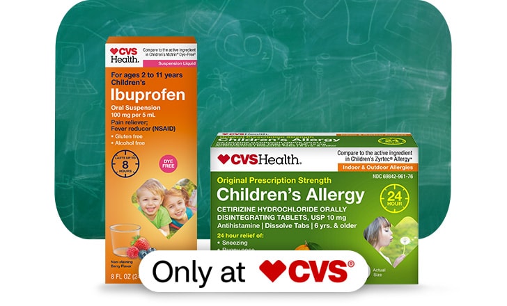 Only at CVS. CVS Health Children's Ibuprofen and CVS Health Children's Allergy against a school chalkboard background.