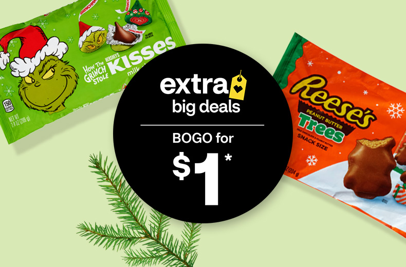 Buy one, get one for $1, a bag each of Hershey's Grinch Kisses and Reese's Trees holiday candy.