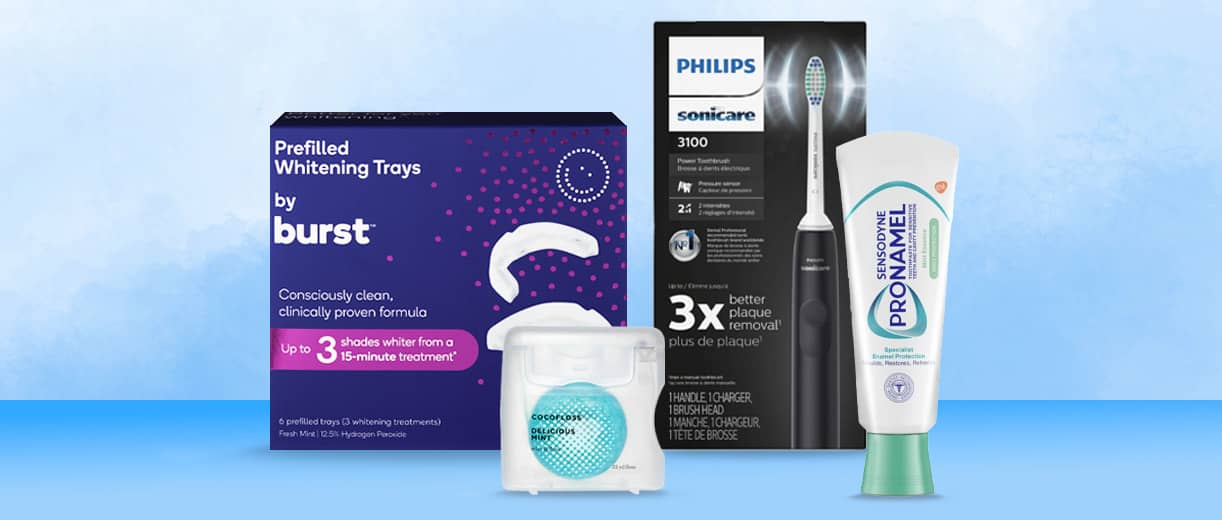 burst prefilled whitening trays, Cocofloss dental floss, Philips Sonicare power toothbrush and Pronamel toothpaste