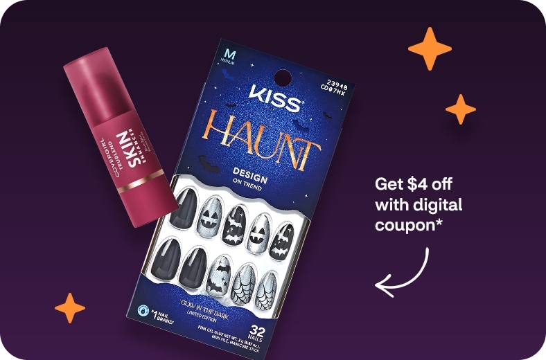 CoverGirl Skin enhancer and KISS Haunt Halloween-themed press-on nails against a dark background with orange stars
