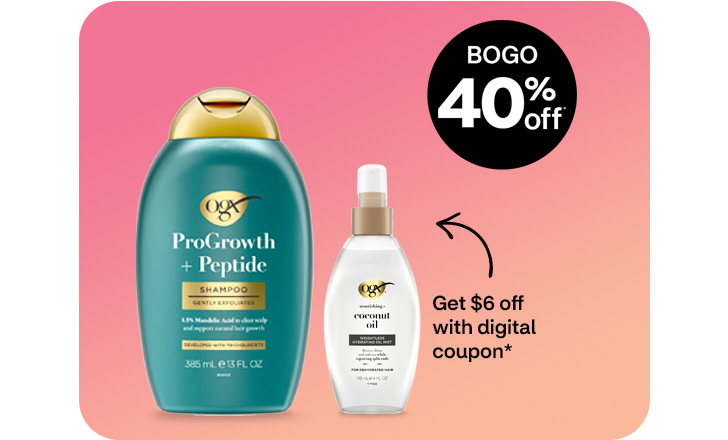 Buy 1, get 1 40% off. Pague $6 menos con un cupón digital. OGX ProGrowth and Peptide Shampoo and Coconut Oil