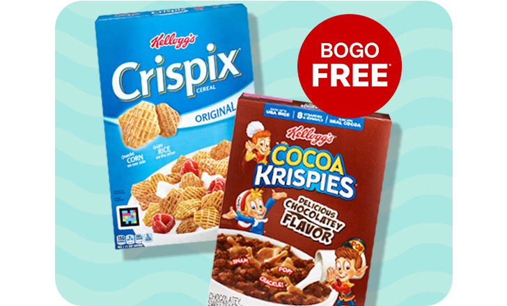 Buy 1, get 1 free. Kellogg's Crispix and Cocoa Krispies cereal boxes