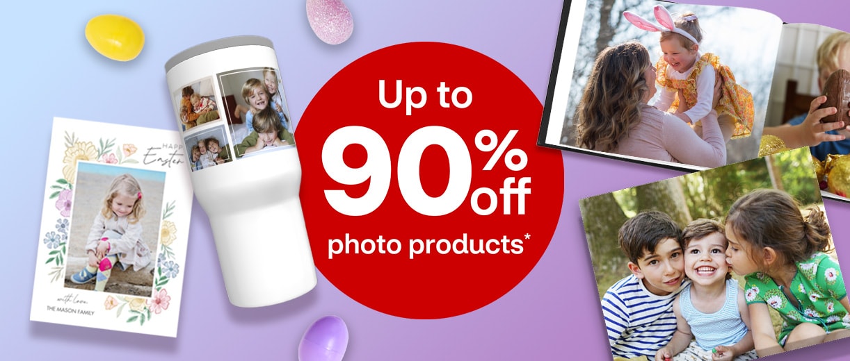 Up to 90% off photo products. Personalized cards, a photo book, and tumbler with pictures of children and families smiling against a blue and purple background with Easter eggs.