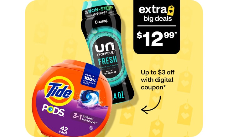 Extra Big Deals, $12.99. Hasta $3 menos con cupón digital. Tide pods and Downy Unstopables Fresh scented beads.
