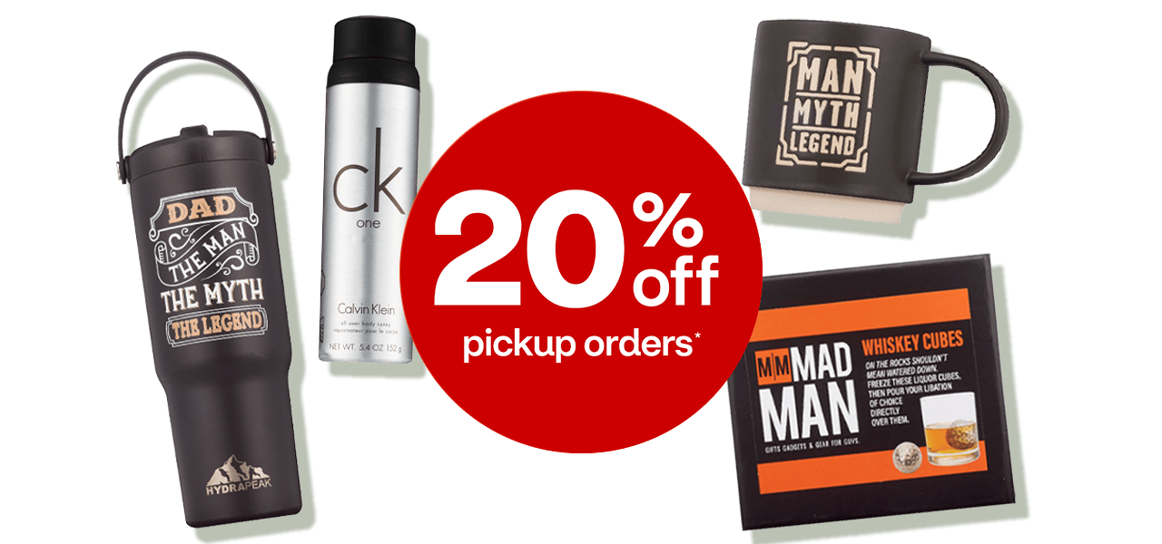 Twenty percent off pickup orders. Insulated mug with text that says Dad, the man, the myth, the legend; ck one fragrance by Calvin Klein, Mad Man whiskey cubes and mug with text saying Man, Myth, Legend.