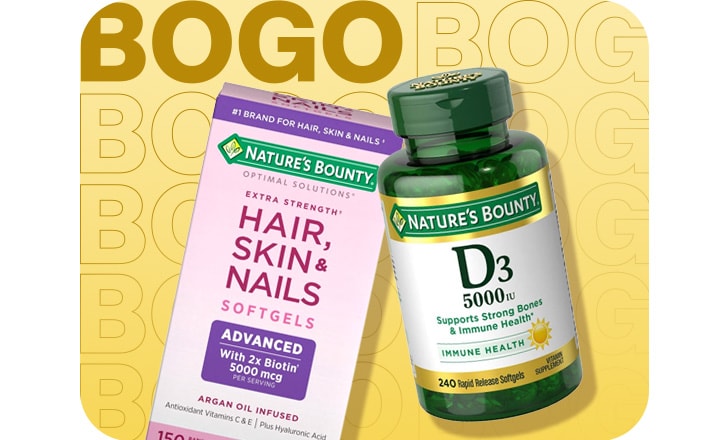 Buy 1, get 1 free. Nature's Bounty Hair, Skin and Nails and D3 supplements.