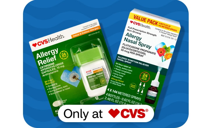 Only at CVS. CVS Health Allergy Relief capsules and Allergy Nasal Spray.