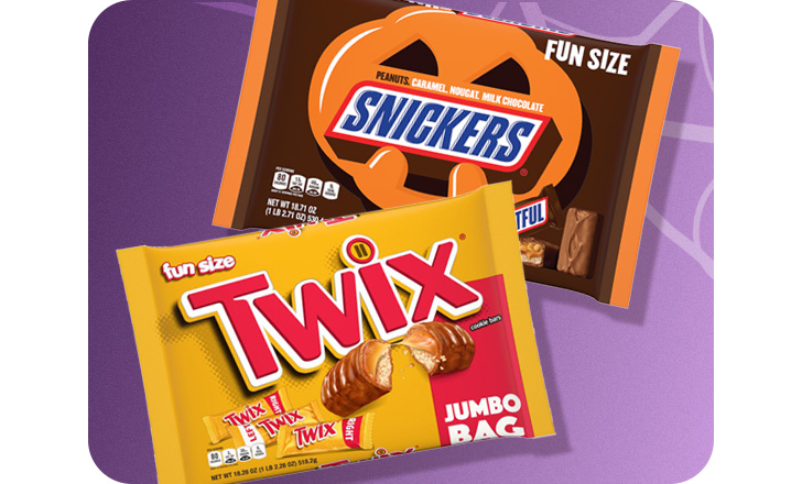 Fun size bags of Snickers and Twix Halloween candy